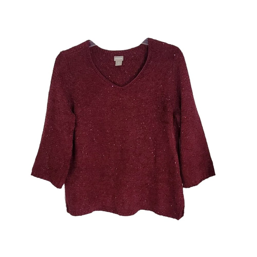 Chico’s Womens‎ Red Burgundy 3/4 Sleeve Pullover Knit Metallic Sweater Size XLP